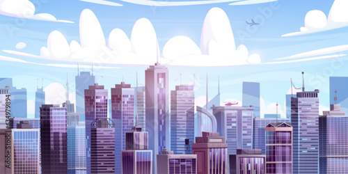 Cityscape flat building skyline vector background. Urban business skyscraper panorama. City scape with office in downtown outdoor game illustration. Blue panoramic metropolis environment concept