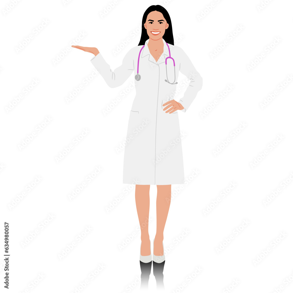 Hand drawn female healthcare worker. Happy smiling doctor in white coat with stethoscope. Medical worker pointed sideways. Vector flat style illustration set isolated on white Hand drawn female healthcare worker. Happy smiling doctor in white coat with stethoscope. Medical worker pointed sideways. Vector flat style illustration set isolated on white