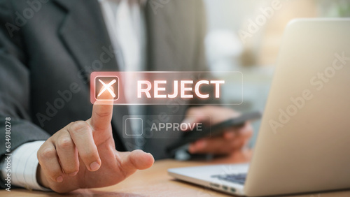 Businessmen point to tick correct sign mark in checkbox for reject quality document and project control. Excellence in document correction, ensuring quality and ISO certification for top Service photo