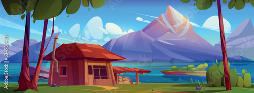 Wooden hut with mountain landscape across lake. Vector cartoon illustration of shabby house with chimney and firewood under roof, island with green grass and trees, blue sky. Travel game background