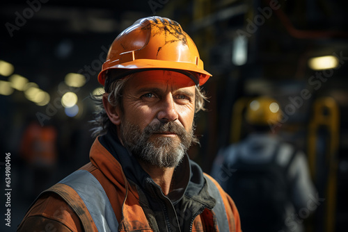Close up portrait of a worker with orange safety helmet in construction site - Labor day concept