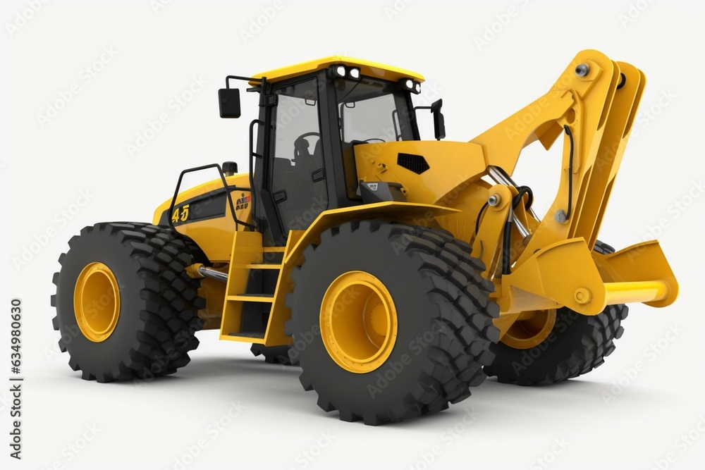 3D render of a construction wheel loader standing on white background. Generative AI