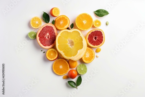 Citrus fruit heart on white background, vegan theme. Generative AI