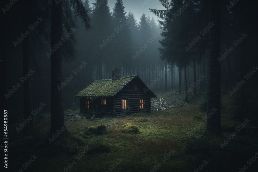 a haunting cabin in a dark forest during a storm. a chilling wooden hut. Generative AI - obrazy, fototapety, plakaty 