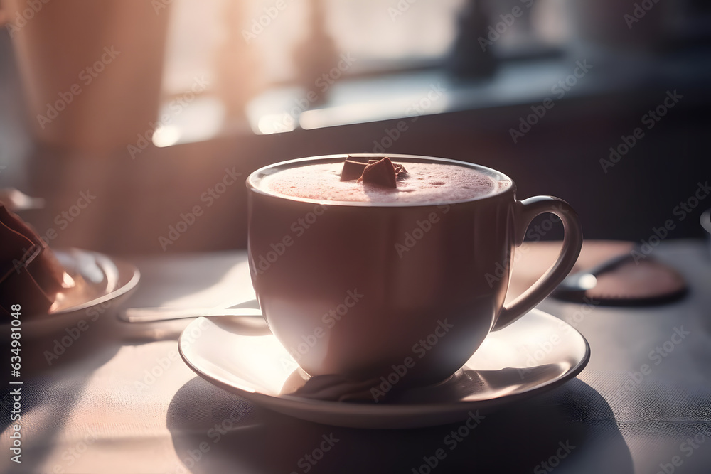 Obraz premium cup of hot chocolate, sun is shining into the room