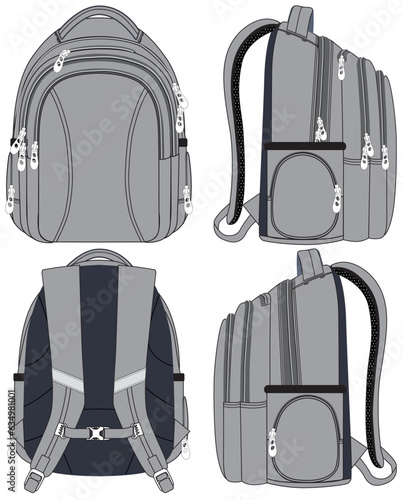 Backpack in vector on a white background. 4 views: front, rear, left, and right views with all the details for industrial and graphic use.