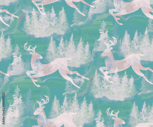 Deer running through the spruce forest. Seamless pattern hand-drawn in watercolor. Stock illustration