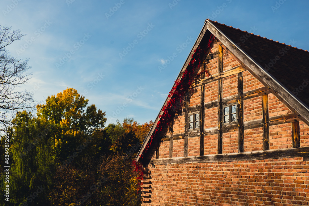 Autumn window in old brick wall covered with leaves in red color. Autumnal fall atmosphere in sun day. Aesthetic house Autumn window in old brick wall covered with leaves in red color. Autumnal fall atmosphere in sun day. Aesthetic house