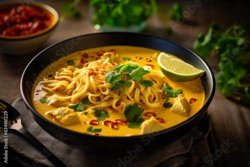 Close up of Khao soi creamy coconut noodle soup Thailand food