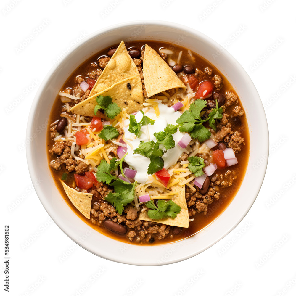 Taco Soup in small white bowl with crushed tortilla chips on transparent or white background, png