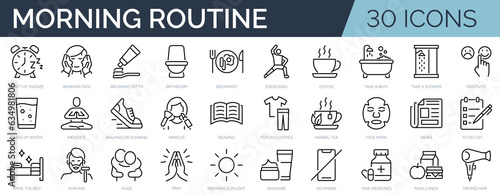 Set of 30 outline icons related to morning routine. Linear icon collection. Editable stroke. Vector illustration