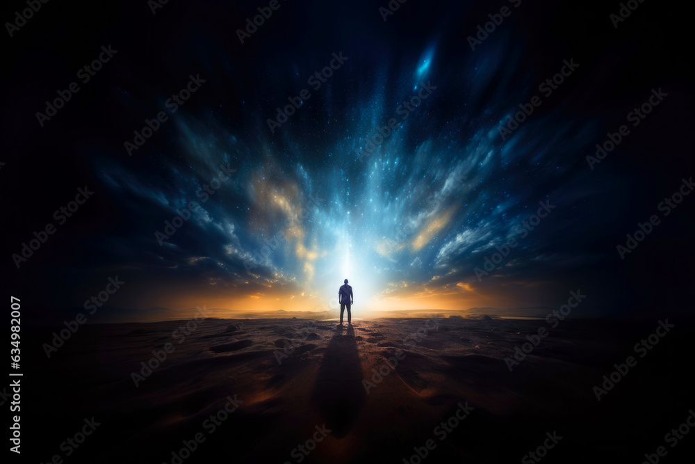 Fototapeta premium Silhouette of a man standing at night and looking at starry sky.