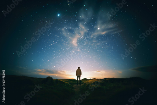 Fotografie, Tablou Man standing on the mountain at night with starry sky and Milky Way