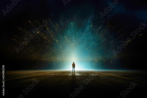 Man standing in front of a glowing portal