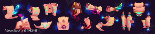 Old parchment scroll and magic book ui glow cartoon game icon. Medieval wizard papyrus map with fantasy steam and glitter sparkle. Royal witch library envelope and manuscript with seal isolated set