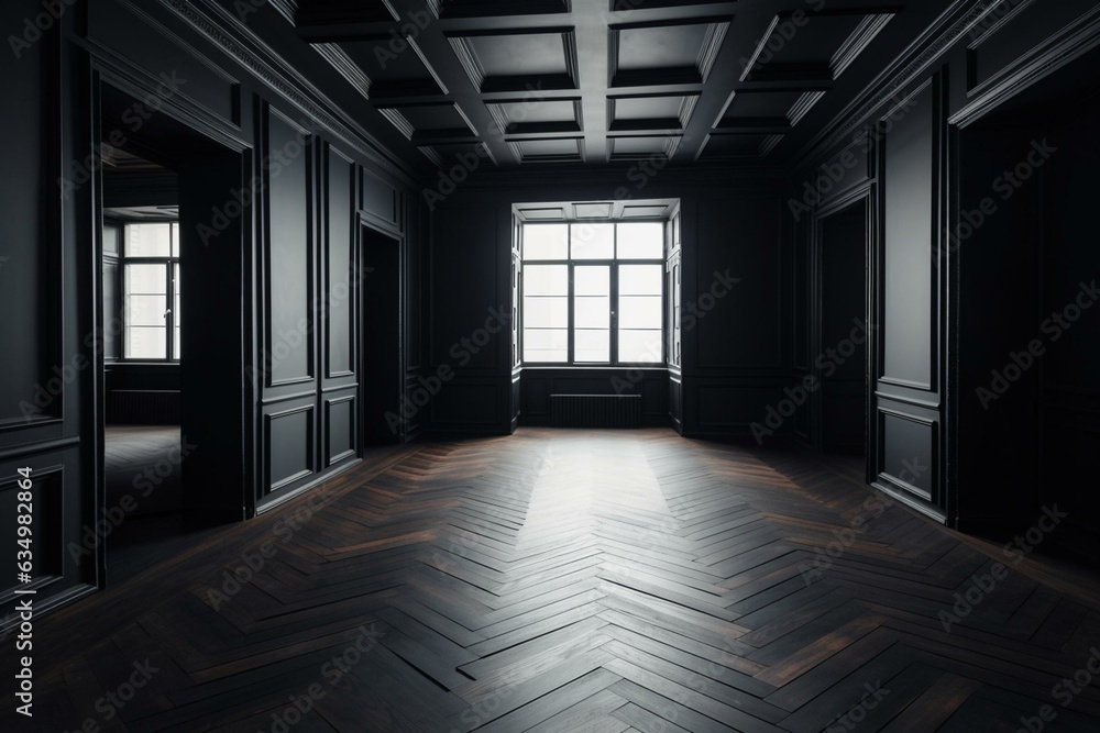 Desolate space with black parquet flooring and blank walls. Generative AI