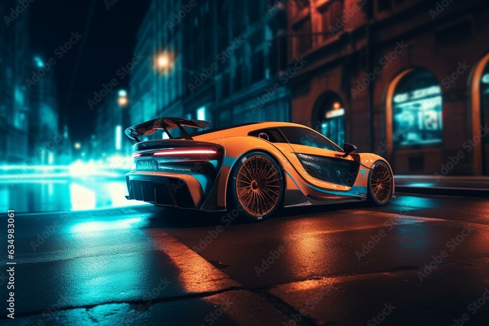 A night scene with a speedy racer car on the street illuminated by lights. Generative AI
