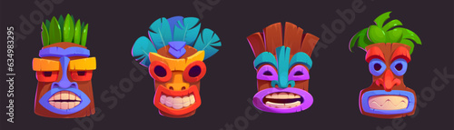 Tiki masks with toothy smile - cartoon vector illustrations set of colorful tribal traditional wooden totems. Images of deities of Hawaiian and Polynesian culture, decorated with leaves and feathers.