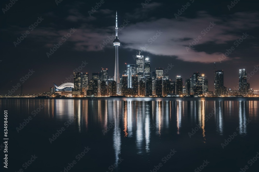 Toronto's night skyline viewed from the east. Generative AI