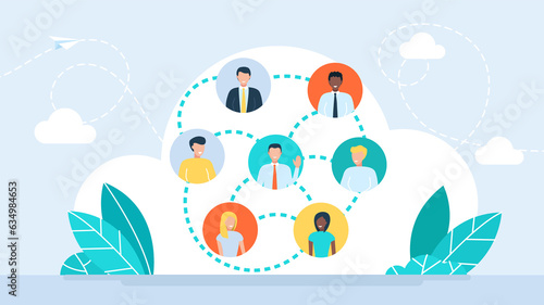 The Social media network. Social contacts of people connected by nodes and lines. Lines, circles, flat icons. Connected symbols for digital, interactive, communicative concepts. Flat illustration