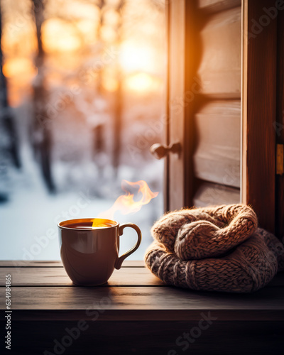 Hands in Mittens holding a hot cup of chocolate or coffee on a cold winter morning with frost or snow in the air. Concept of winter and relaxation. Shallow field of view. © henjon