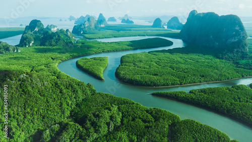 Aerial drone view of sunset panorama of the Phang Nga bay river and mangrove national park in Thailand © Jitti