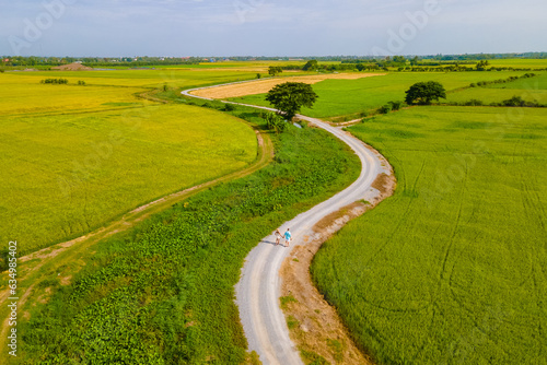 a couple of men and women on vacation in Thailand walking on a curved winding countryside road in the middle of green rice paddy fields in Central Thailand Suphanburi region, drone aerial view