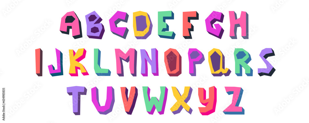 Font funky alphabet for kids. Playful font childich design. Cute letter funky type. Cartoon vector illustration. Happy comic bold style