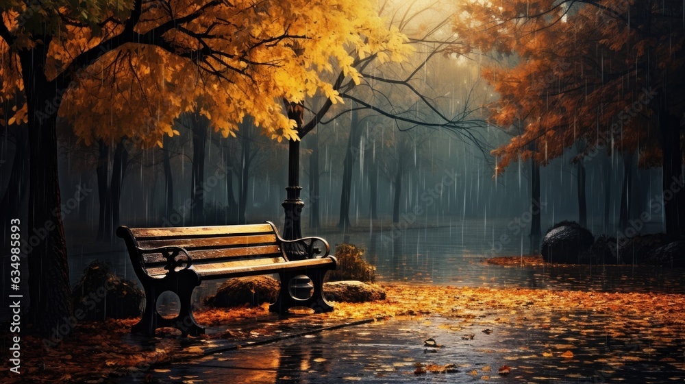 Autumn park, during the rain.