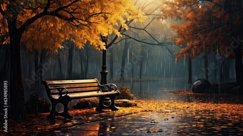 Autumn park  during the rain.