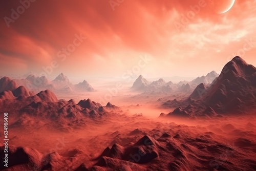 Futuristic red planet desert landscape with stunning fog effects. 3D illustration. Generative AI