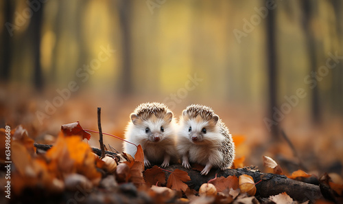 Hedgehog Scientific name Erinaceus Europaeus. Wild, native, European hedgehog in Autumn foraging on a fallen log with colourful orange and yellow leaves. Horizontal. Space for copy. Autumn forest