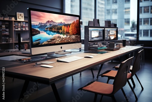Modern office interior with computers on table and city view. 3D Rendering
