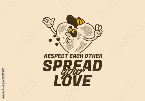 Spread your love, Heart mascot character illustration in vintage style
