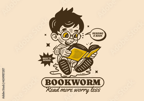 Bookworm, read more worry less, illustration of a little boy sitting and reading a book