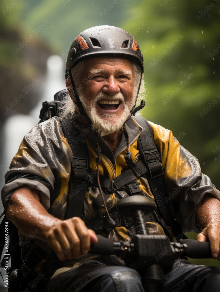 Fototapeta premium An old man was drifting in a river in the mountains