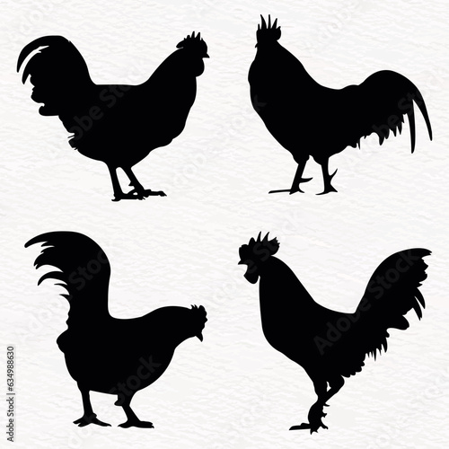 Vector silhouette set of detailed quality chickens -roosters, cock chicks in farm
