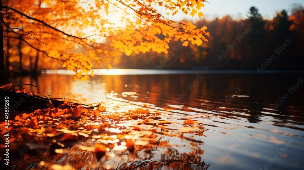 黄色く紅葉する木の落ち葉が水辺に浮かぶ秋の風景