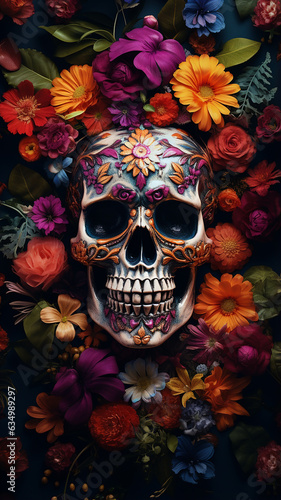 photo a colorful skull with a flower pattern on it. Generative AI © Ibnu