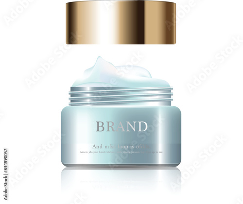 Hydrating facial milk cream for annual sale or festival sale. Green and gold cream mask bottle isolated on pour milk background. Graceful cosmetic ads, illustration.