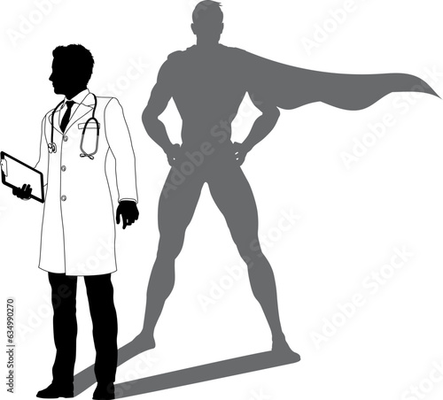 A superhero medical doctor man health care worker revealed by his shadow silhouette as a super hero in a cape.