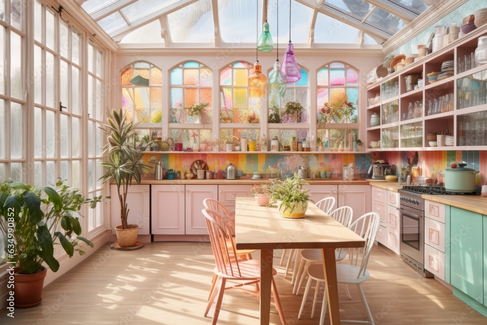 Pastel iridescent light rays inside bright kitchen