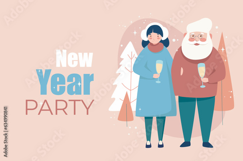 Winter holiday poster template in flat design. Banner layout to New Year and Christmas with happy old couple drinking champagne and celebrating event in snowy forest together. Vector illustration.