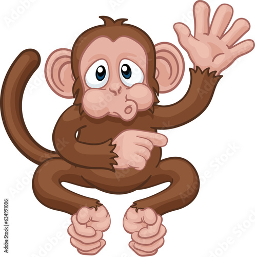 A monkey cute happy cartoon character animal waving and pointing