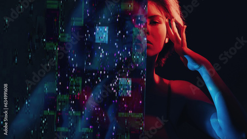 Bipolar disorder. Split personality. Stress anxiety. Double exposure glitch noise silhouette of disturbed woman suffering headache in red blue neon light dark.