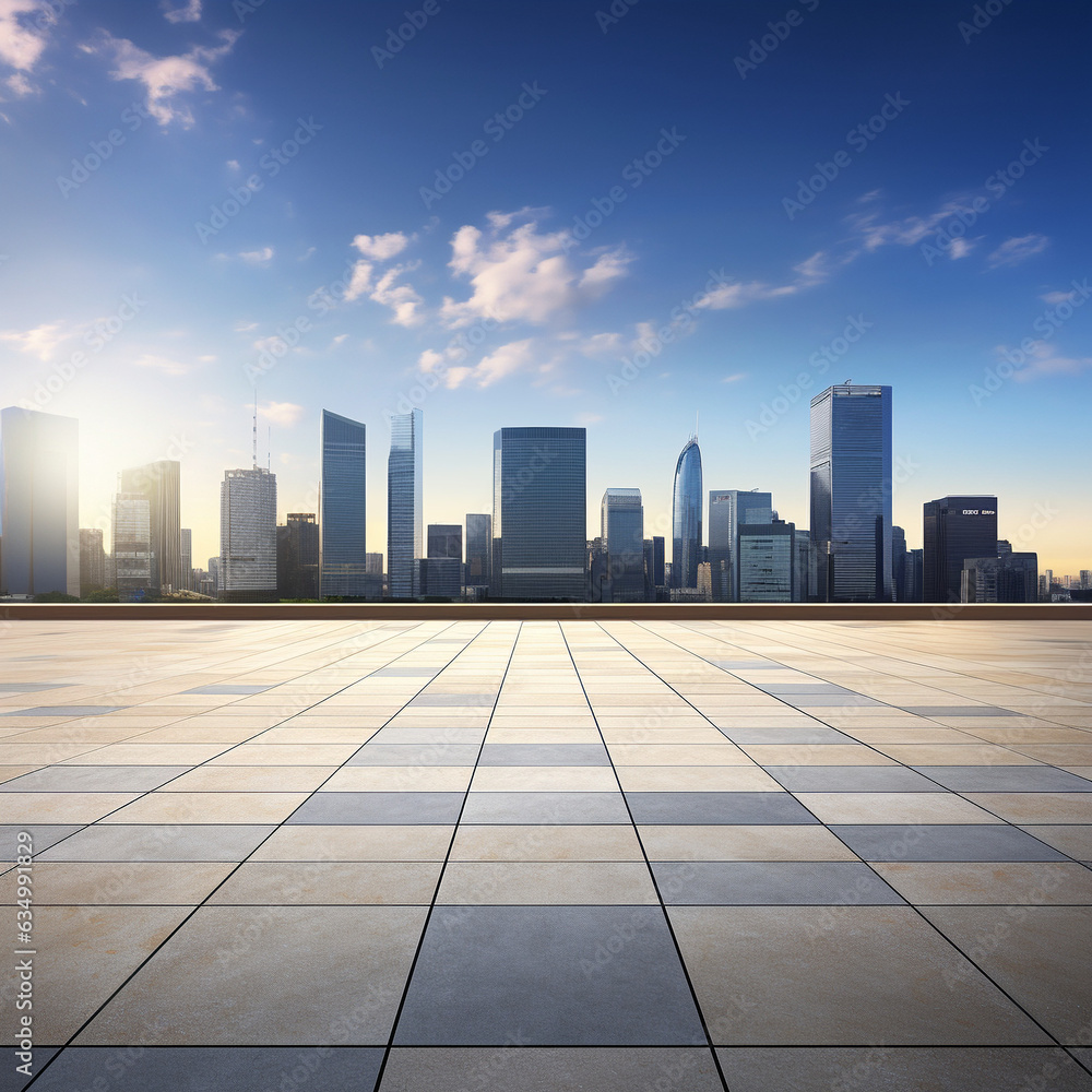 Empty square floor and city skyline with building background , 
AI generator