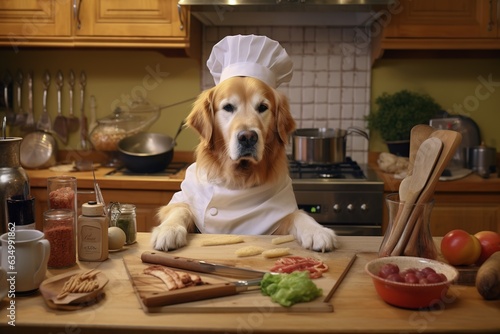 Bored Golden Retriever dog, dressed as a chef in the kitchen ready to cook - humorous funny kitchen cooking dog meme