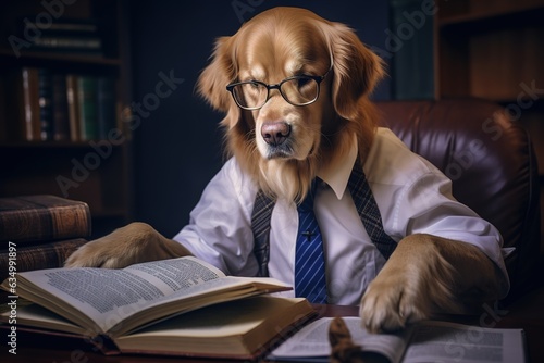 Golden retriever dog dressed as a lawyer working in the office -  funny justice legal humor meme