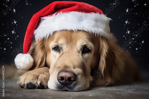 cute sleepy tired Golden retriever dog wearing a Santa Christmas hat, exhausted from holiday activities and Christmas stress -  funny humorous Christmas dog pet meme