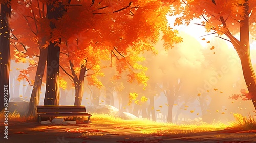 秋の背景、木々が赤く紅葉する風景のイラスト
